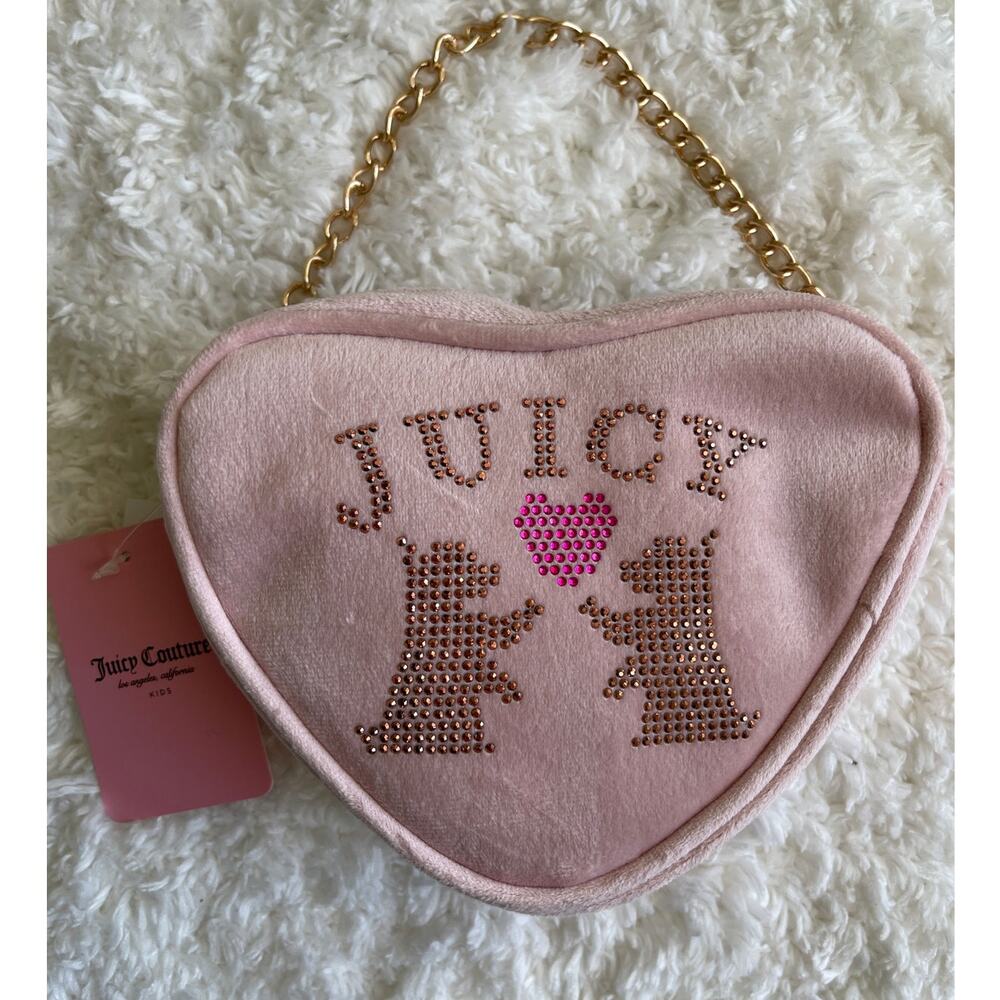 Juicy Couture Kids Mini Soft Pink Heart Gold Chain Rhinestone Purse Shoulder Bag